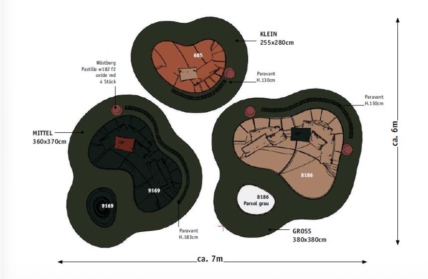 Schematische Grundrisszeichnung dreier organischer Sitzbereiche
