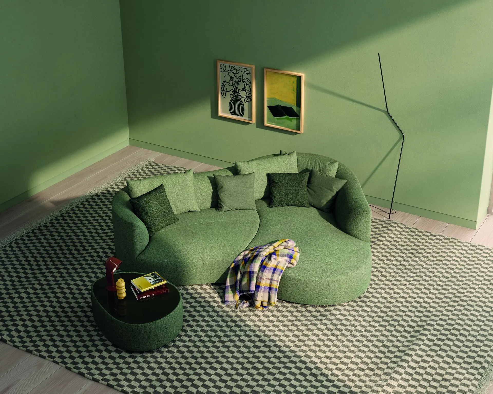 Modernes grünes Wohnzimmer mit Sofa und Teppich