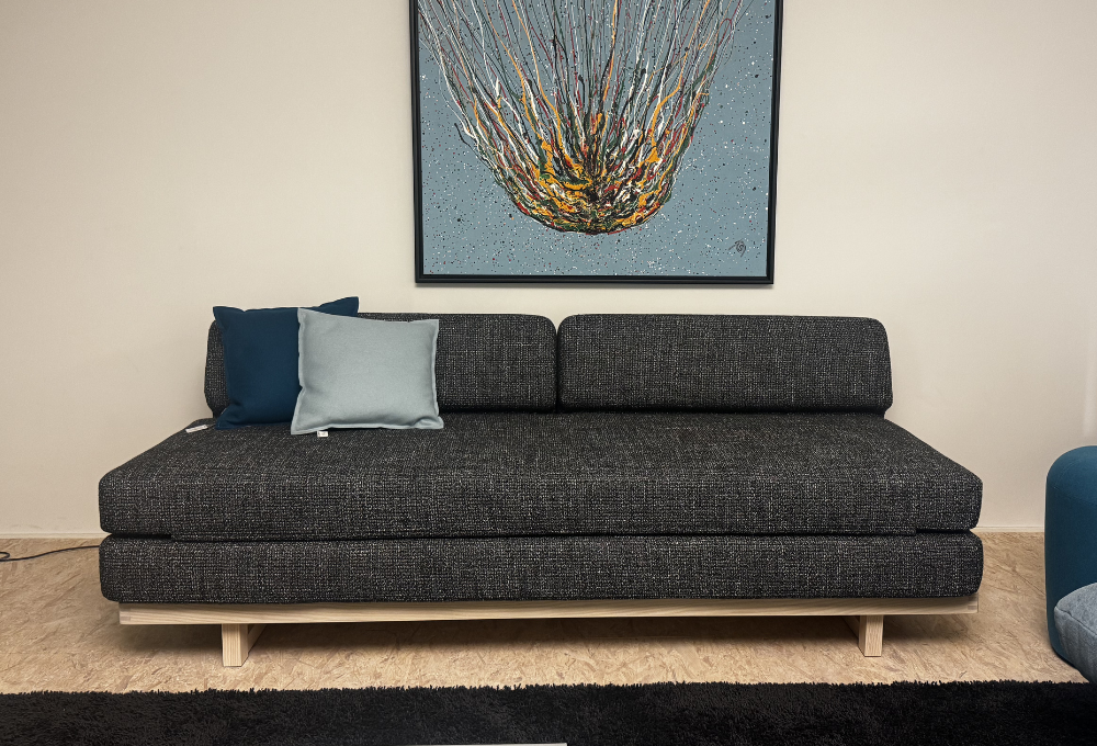 Modernes graues Sofa mit Kissen und Wandbild