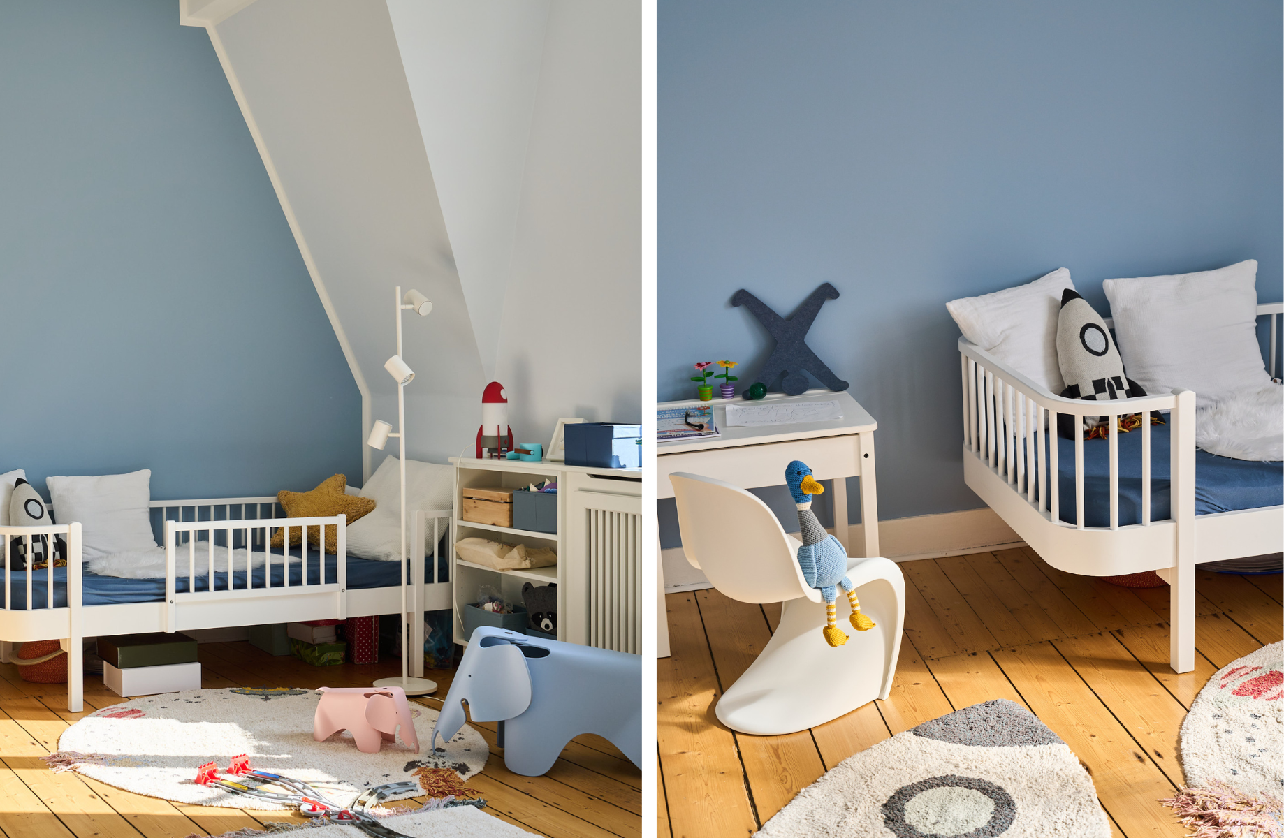 Helles Kinderzimmer mit Bett und Schreibtisch