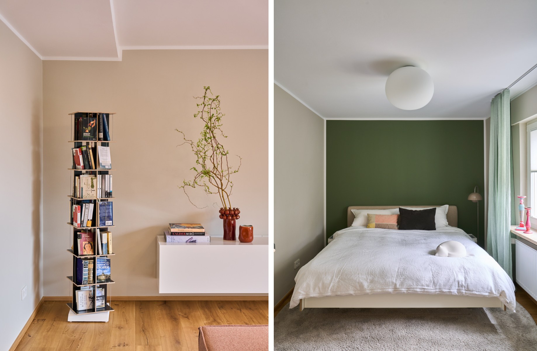 Modernes Schlafzimmer und Wohnbereich mit Bücherregal