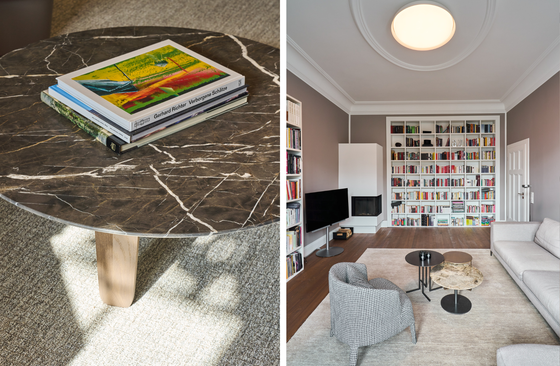 Moderner Wohnraum mit Bücherwand und Marmortisch