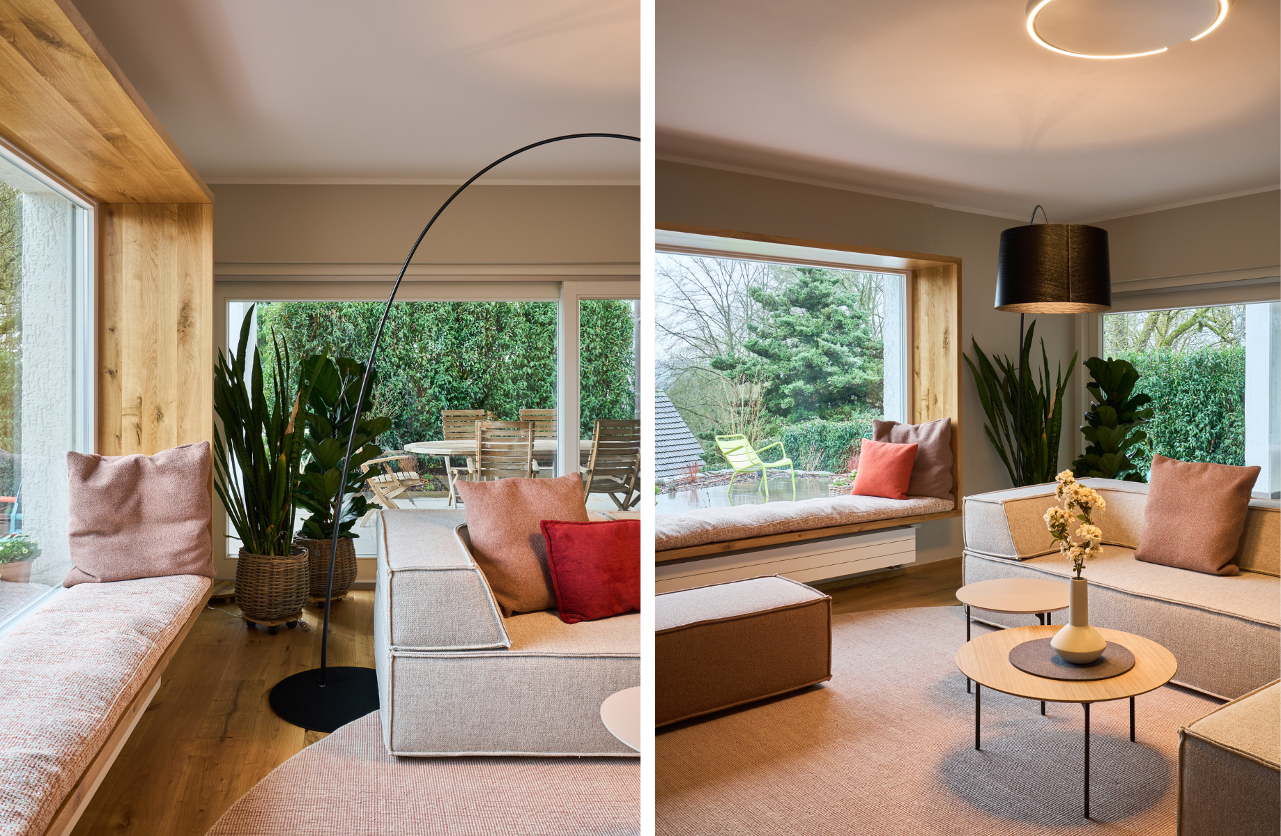 Modernes Wohnzimmer mit großen Fenstern und Gartenblick